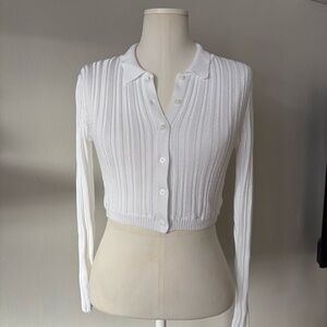 Urban Outfitters Cropped Ribbed Collared Cardigan White Long Sleeve Size M